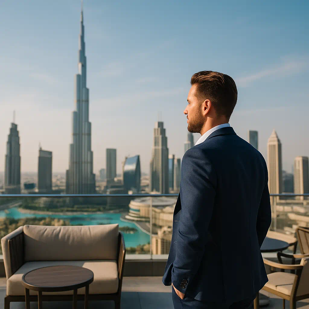 Unternehmer blickt über die Skyline – Vision und Wachstum durch Firmengründung in Dubai