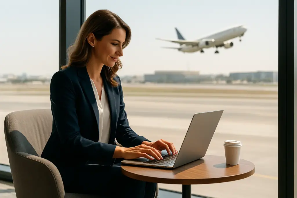 Unternehmerin in Flughafen-Lounge – Dubai als globaler Knotenpunkt zwischen Europa, Asien und Afrika