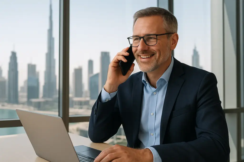 dubai-strategy-beratung Berater in Dubai telefoniert mit Mandant – Jetzt Firma in Dubai gründen.