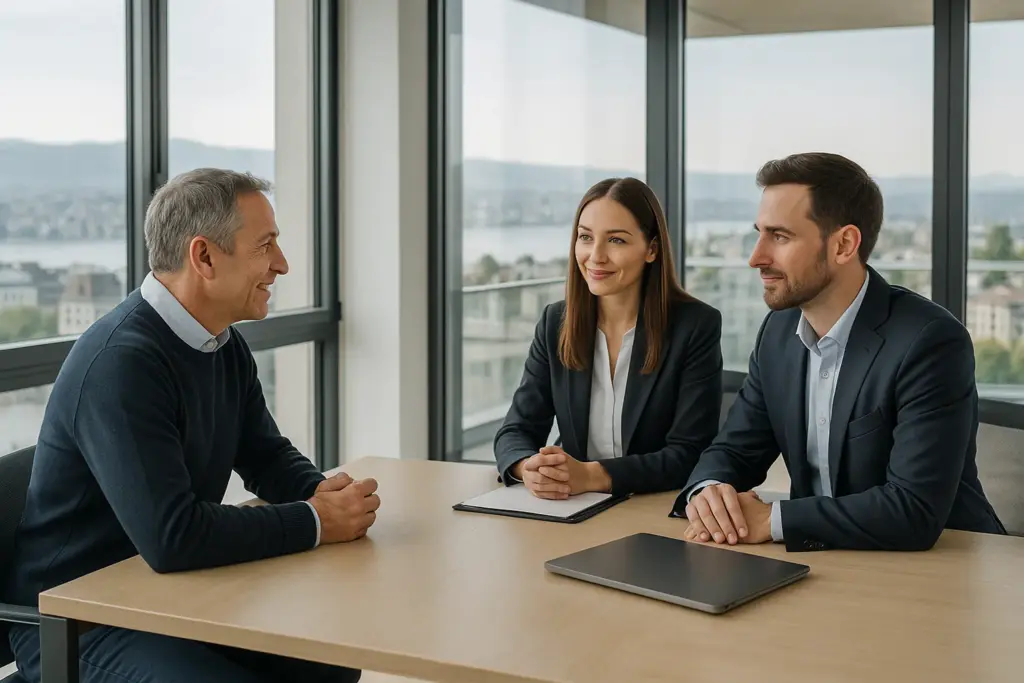 Beratungsgespräch in modernem Schweizer Büro mit Blick auf Zürich – Dubai Strategy berät Klienten zu Firmengründung in Dubai