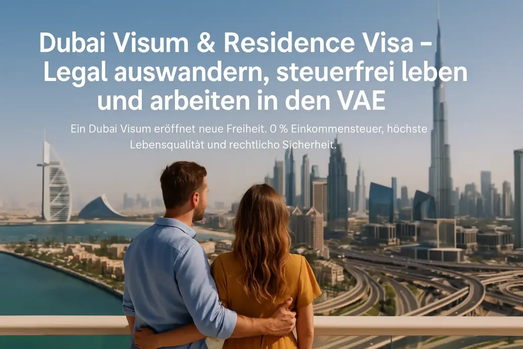 Paar bestaunt die Skyline und Sehenswürdigkeiten von Dubai – Symbol für Neubeginn mit Visum und Wohnsitz in den VAE