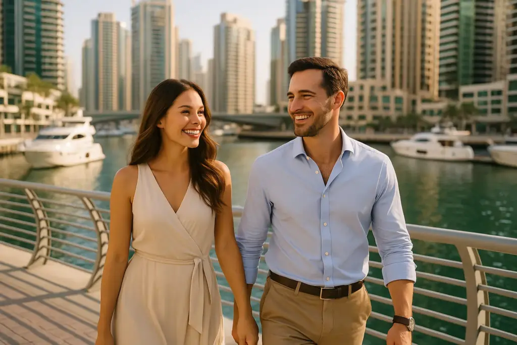 Paar genießt den Lifestyle an der Marina in Dubai – modernes Leben mit Residence Visa