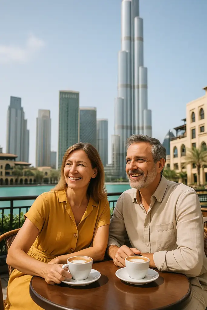 Paar genießt Kaffee mit Blick auf den Burj Khalifa – neues Leben in Dubai mit Residence Visa über Dubai Strategy.