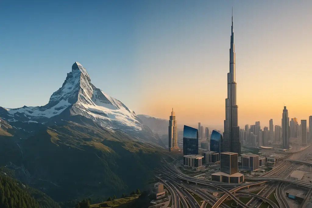 Symbolische Skyline-Montage mit Matterhorn und Dubai Skyline – Brücke zwischen Schweiz und Dubai
