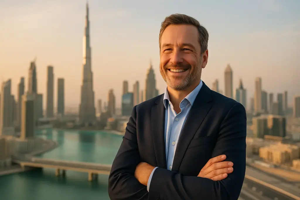 Glücklicher Schweizer Unternehmer mit Dubai Skyline im Hintergrund – erfolgreiche Firmengründung