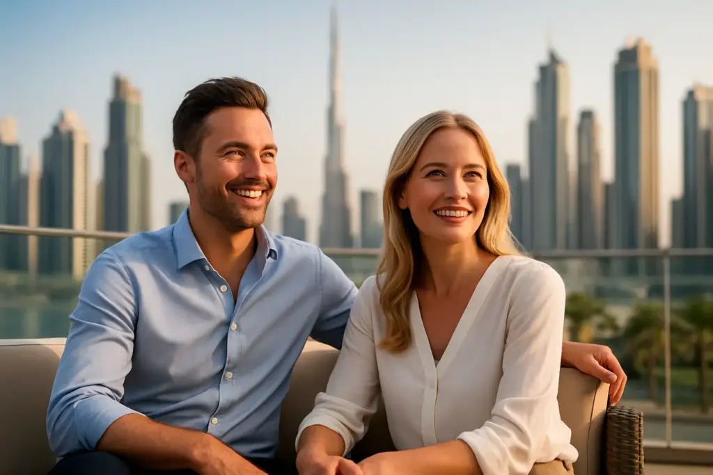 Erfolgreiches Paar genießt modernen Lifestyle mit Dubai Skyline – Vorteile Firma in Dubai