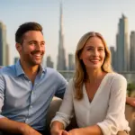 Erfolgreiches Paar genießt modernen Lifestyle mit Dubai Skyline – Vorteile Wohnort Dubai