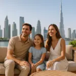 Glückliche Familie genießt Leben in Dubai mit Skyline im Hintergrund – Wohnsitz nach Dubai wechseln