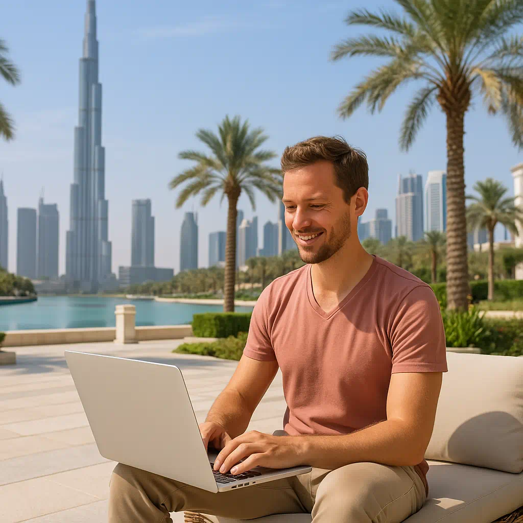 Freelancer arbeitet entspannt mit Laptop im Freien in Dubai – Wohnsitz in Dubai.
