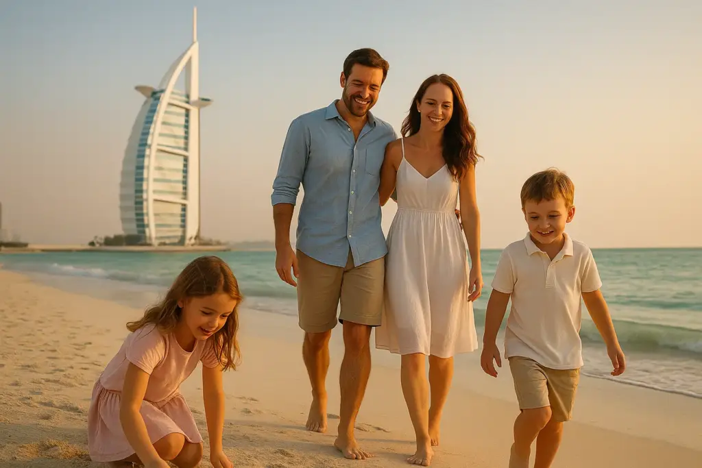 Familie genießt den Strand in Dubai nach Verlegung des Wohnsitzes – Vorteile Dubai